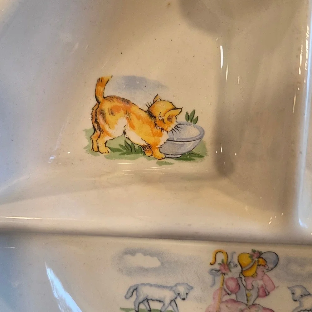 Vintage Baby Divided warming‎  Dish Plate Pink Trim Nursery Rhyme lil bow peep